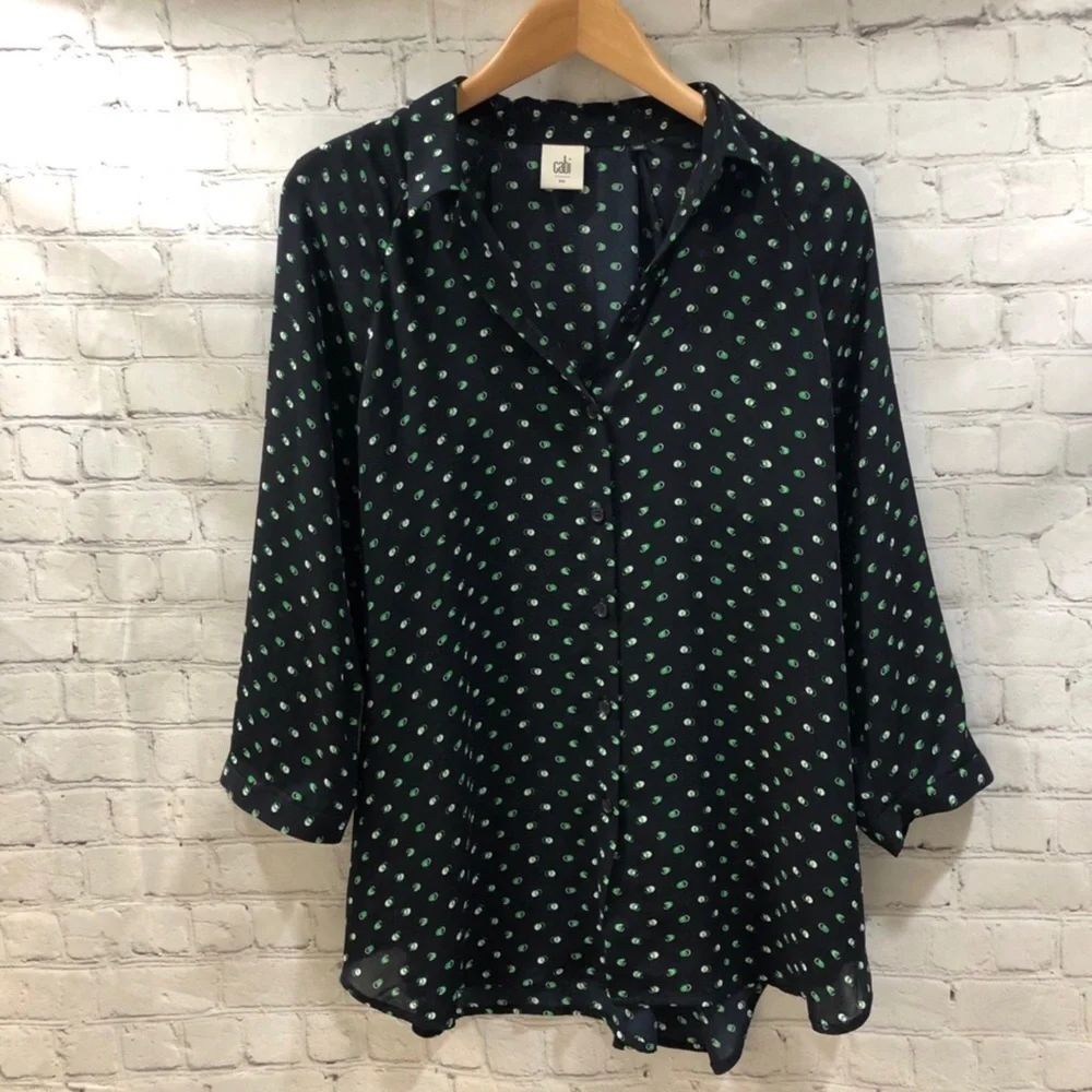 CAbi Martini Top Blouse Style #5019 Size Small Blue Green Button Front Polka Dot